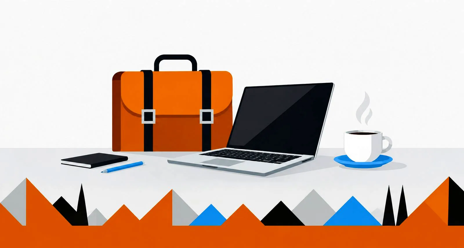 Illustration: Aktentasche, Laptop und Kaffeetasse – Business-Guide Augsburg