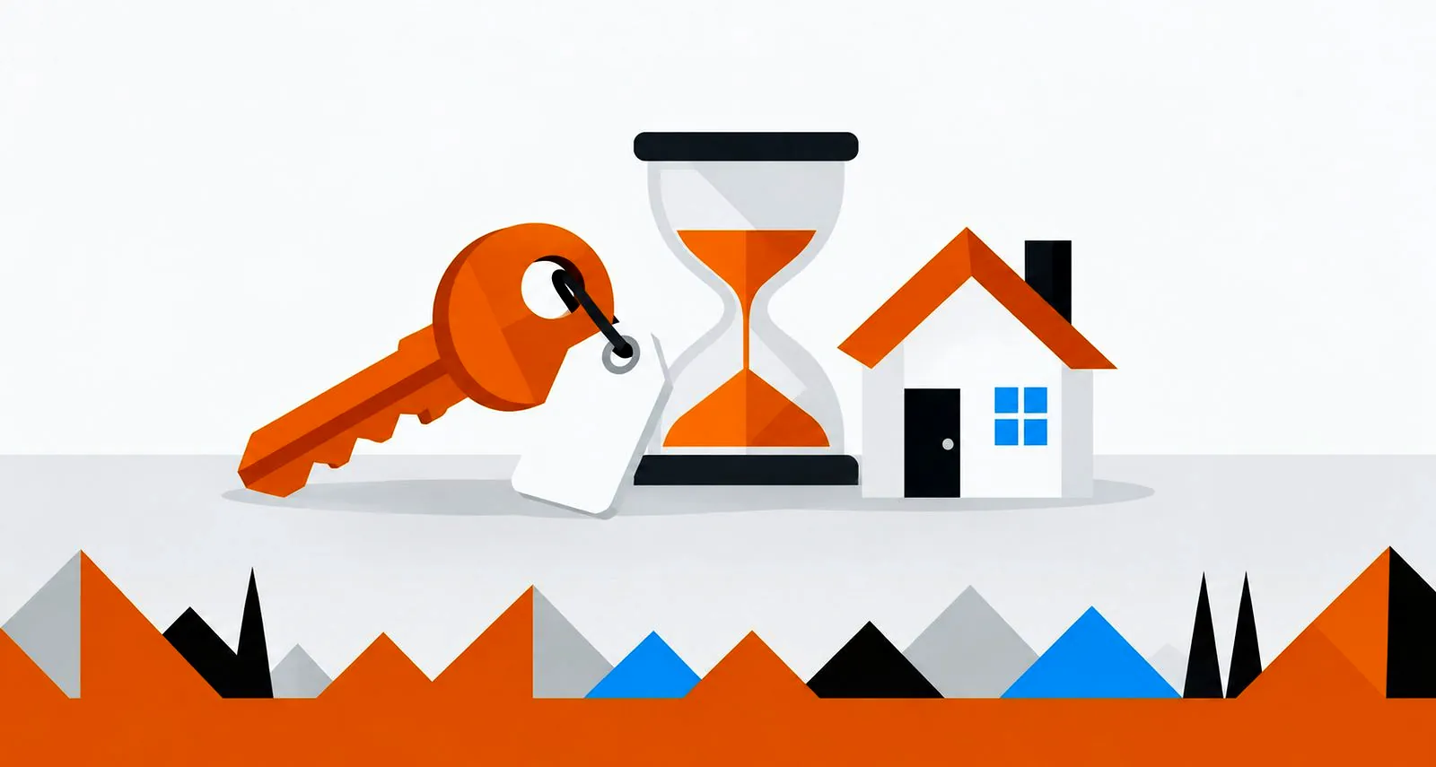 Illustration: Schlüssel mit Preisschild, Sanduhr und Haus