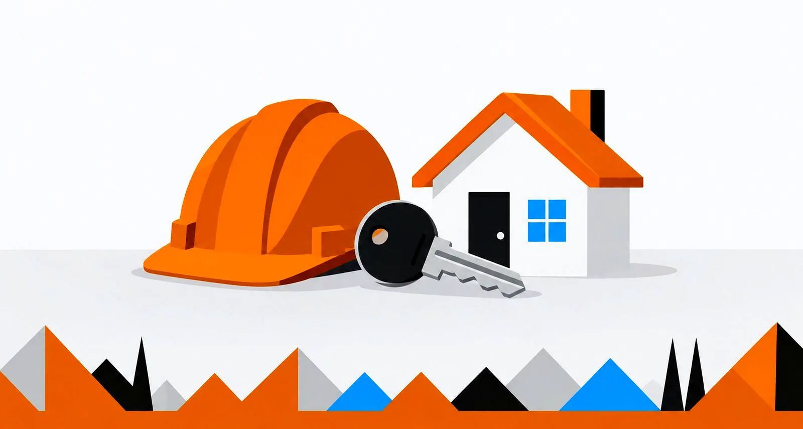 Ilustracja: kask budowlany, klucz i mały dom