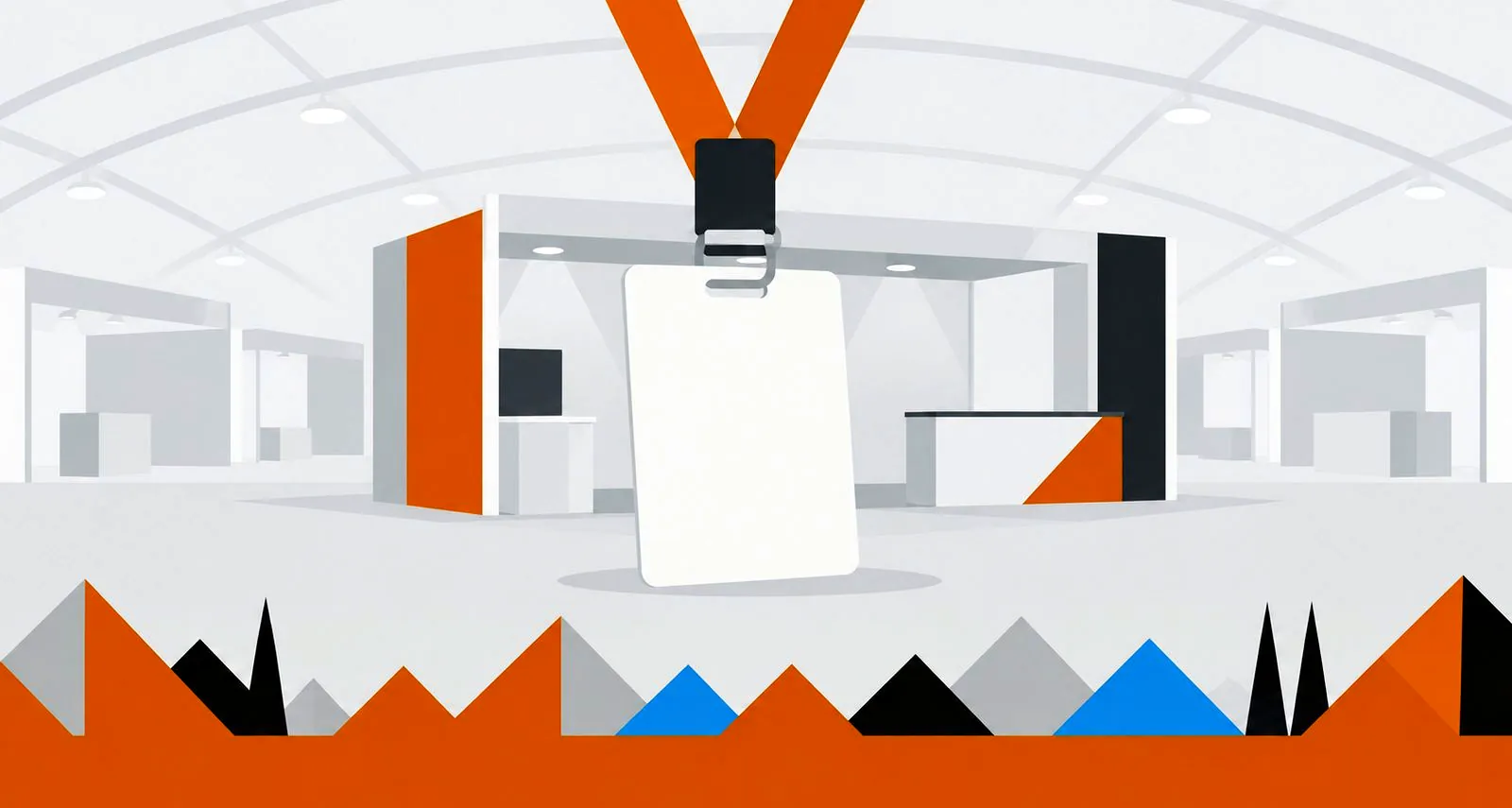 Illustration: Messeausweis und Messestand vor einer Messehalle