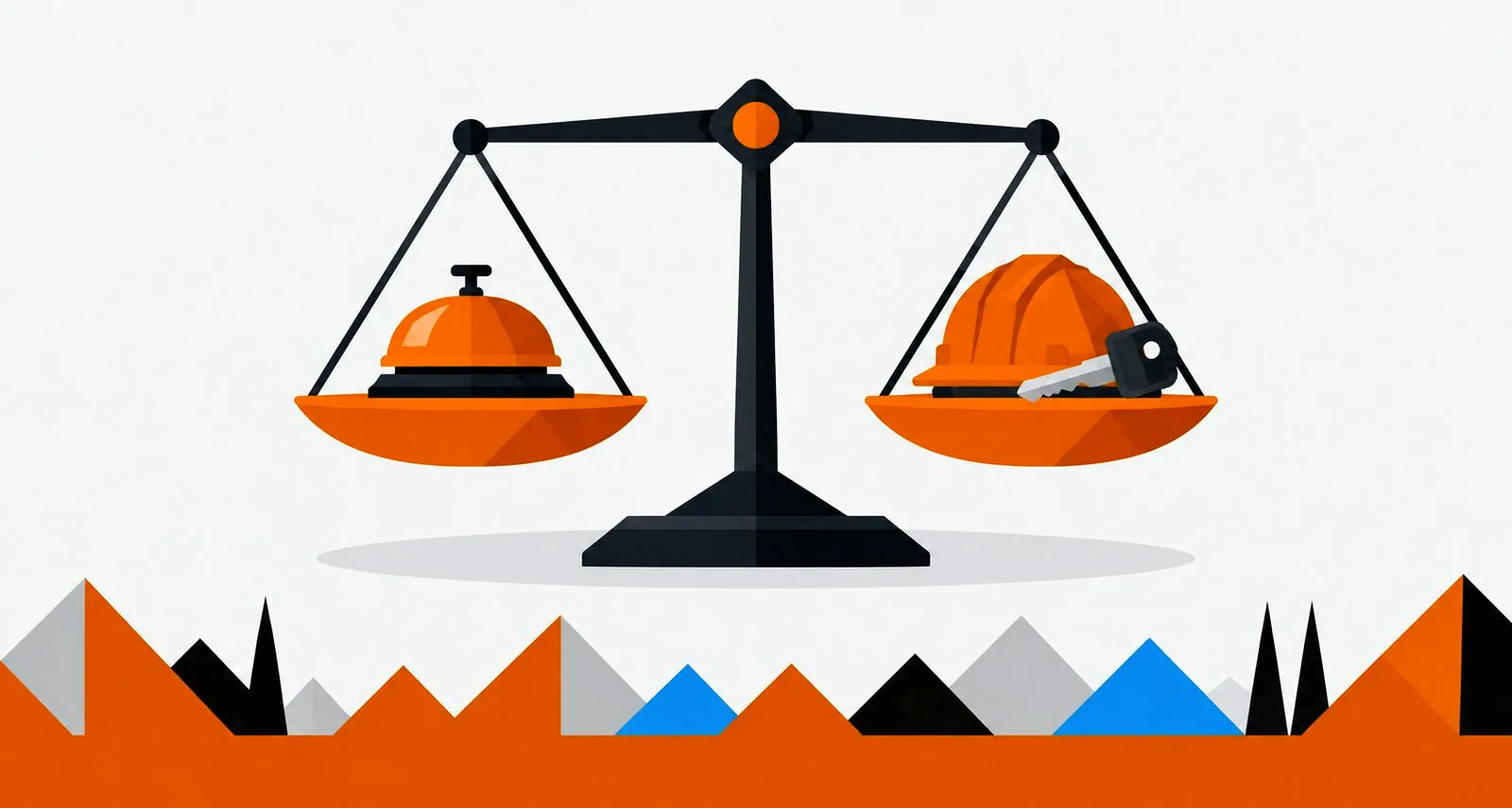 Illustration: Hotelklingel und Bauhelm mit Schlüssel auf einer Waage