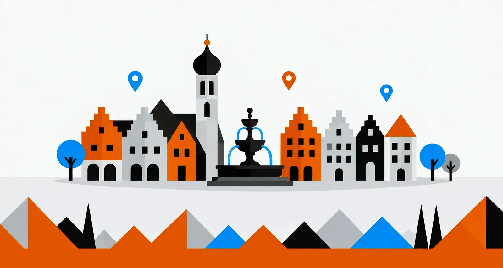 Illustration: stilisierte Altstadt mit Giebelhäusern, Zwiebelturm und Brunnen