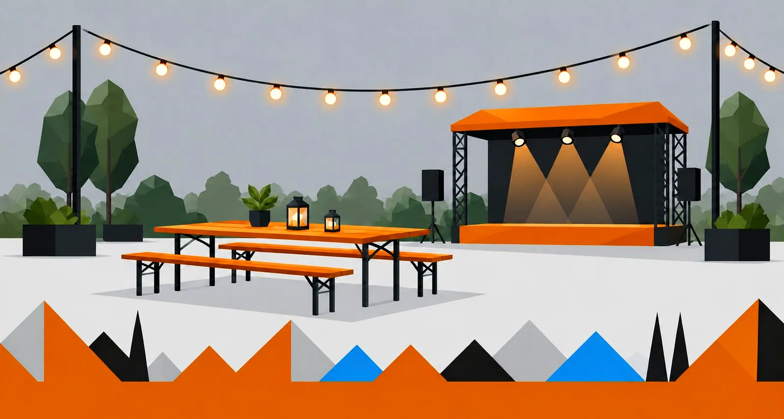 Illustration: Lichterketten, Biergartentisch und Open-Air-Bühne am Abend